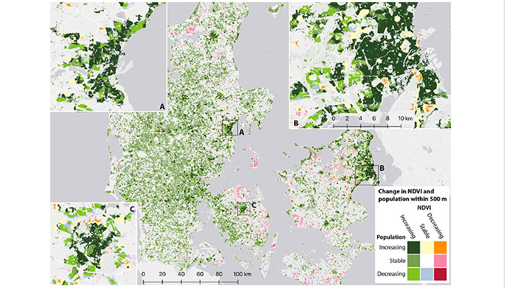 Förändringar i befolkningstäthet och grönska (A): Århus, (B): Köpenhamn, (C): Odense