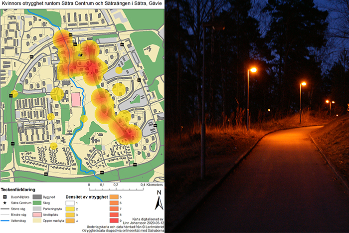 Karta som visar vilka platser i Sätra där kvinnor känner sig mest otrygga samt en gångväg fotad i mörker.