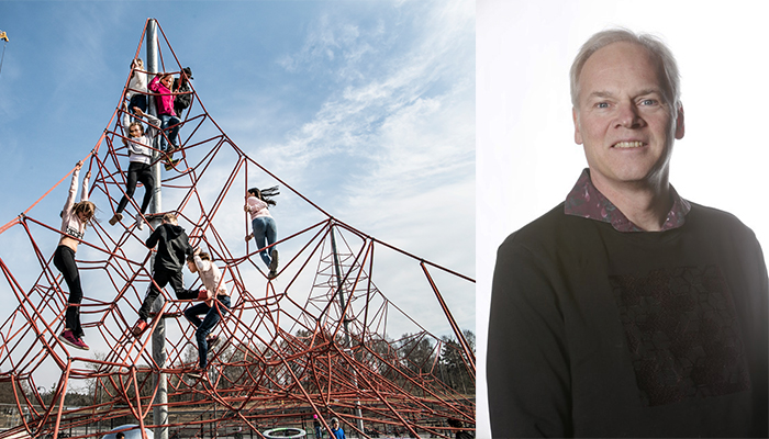 Bildmontage med klätterställning på en skolgård och forskaren Björn Haglund. Foto: TT bildbyrå samt privat