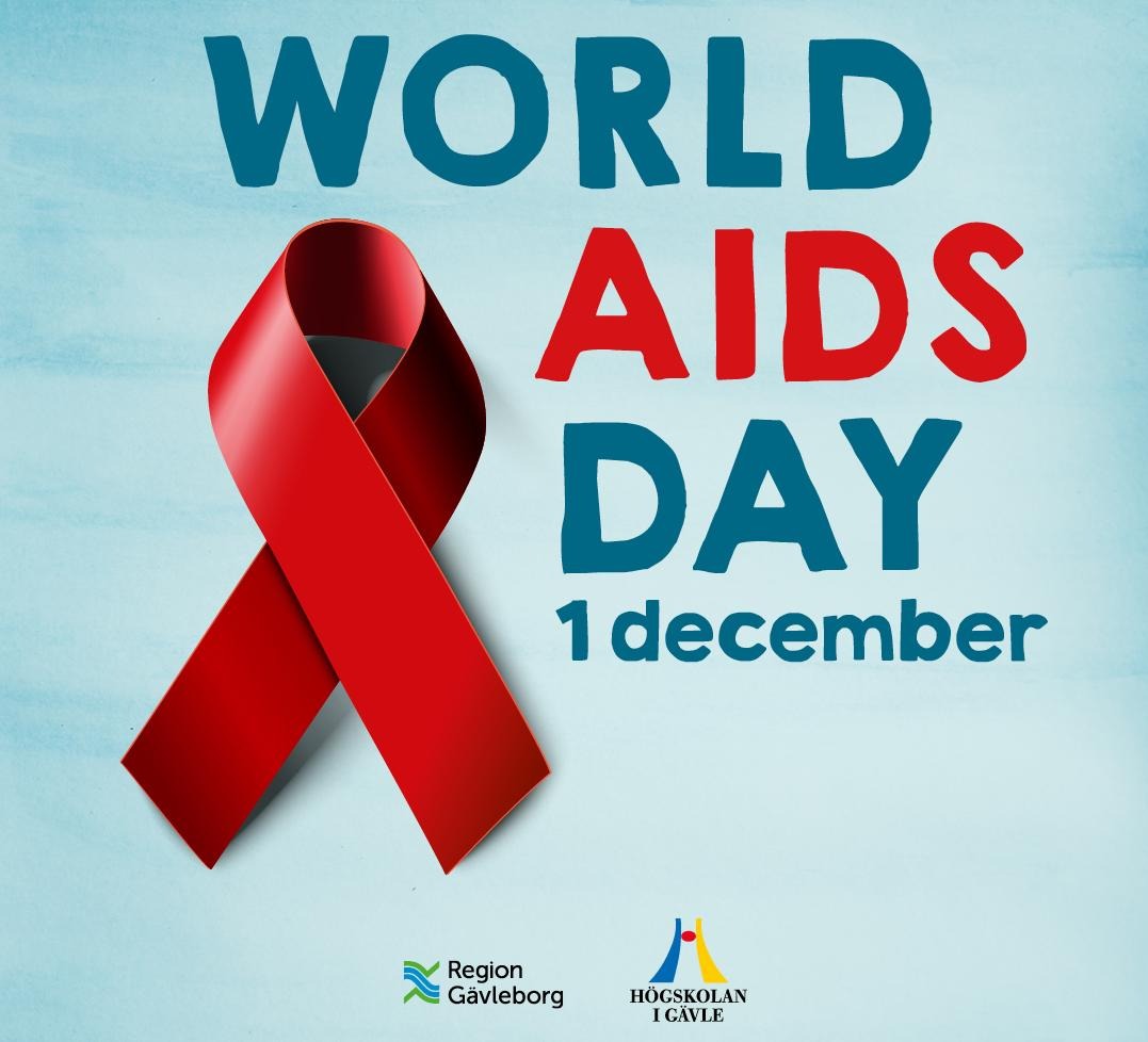 Affisch blå bakgrund med texten World AIDS Day i mörkare blått och rött. Rött band.