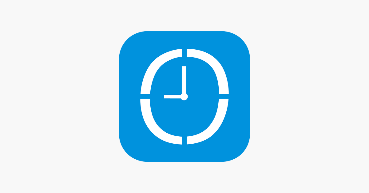Bild på hur appen Kronox ser ut. Blå ruta med en vit klocka.