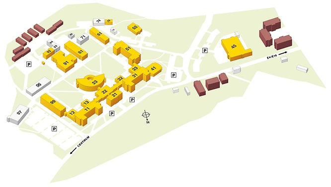 Karta över campus med parkeringsplatser markerade.