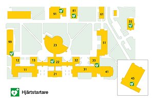 Campuskarta som visar var hjärtstartare är placerade